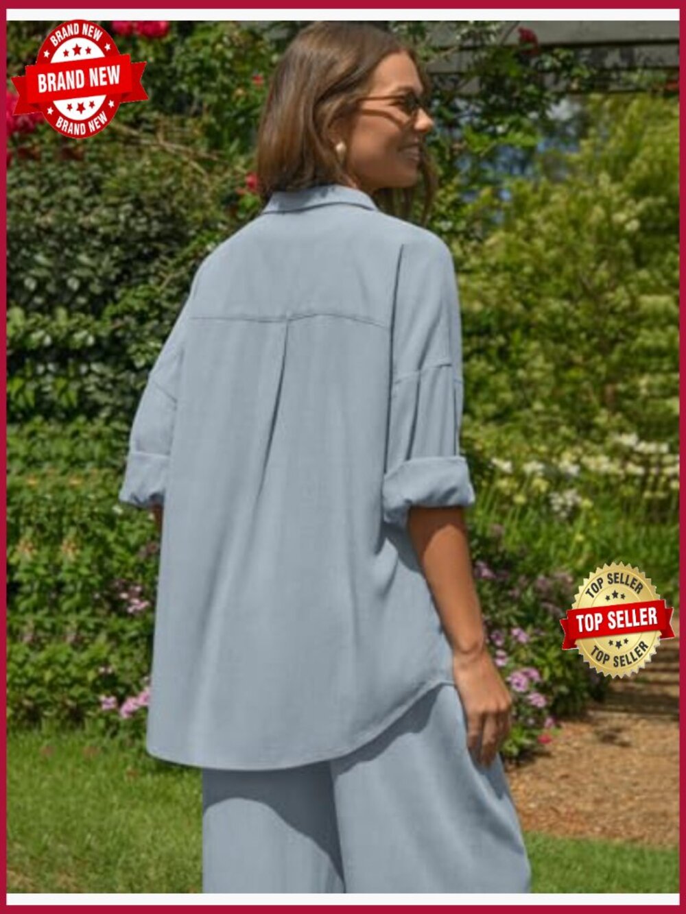Linen 2 Piece Lounge Set Button Down Shirt Wide Leg Pants Vacation Outfit - Picture 5 of 7